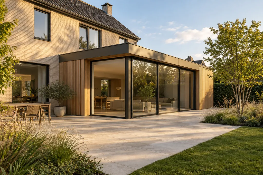 Illustratief architectuurbeeld van een lichte woning met een houten aanbouw en grote glazen puien