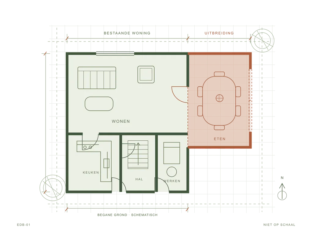 Illustratieve plattegrond van een woning. De nieuwe aanbouw met eetkamer is in terracotta gemarkeerd.